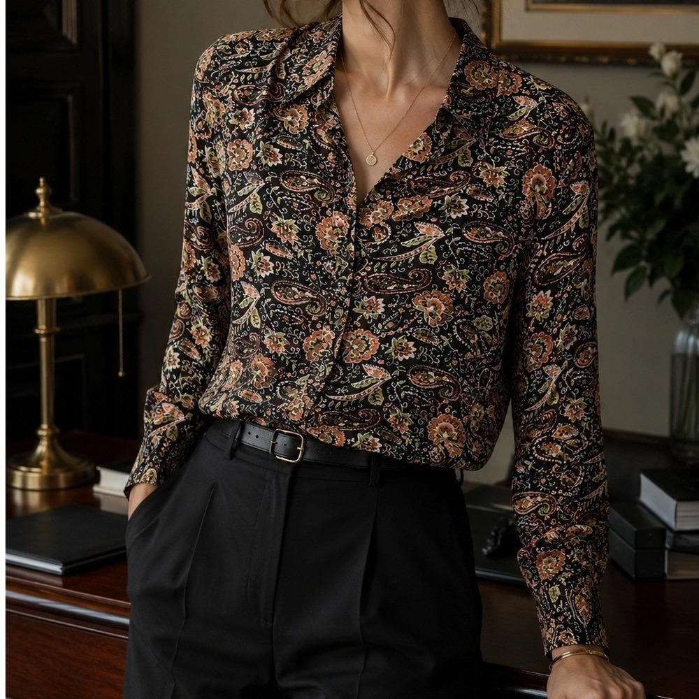 J Jill women top XL Paisley Floral Button Blouse Career Office Boho Lightweight